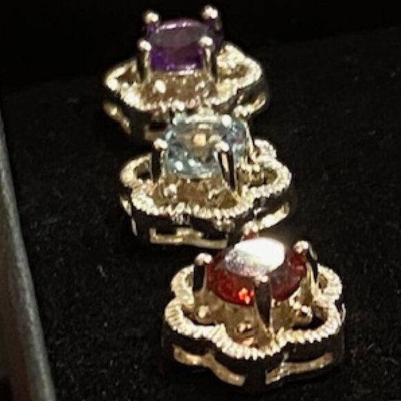 BIN 3 prs SILVER-tone AMETHYST Clear RUBY CZ Flower STUDS * Giftable * Thick - Picture 4 of 8